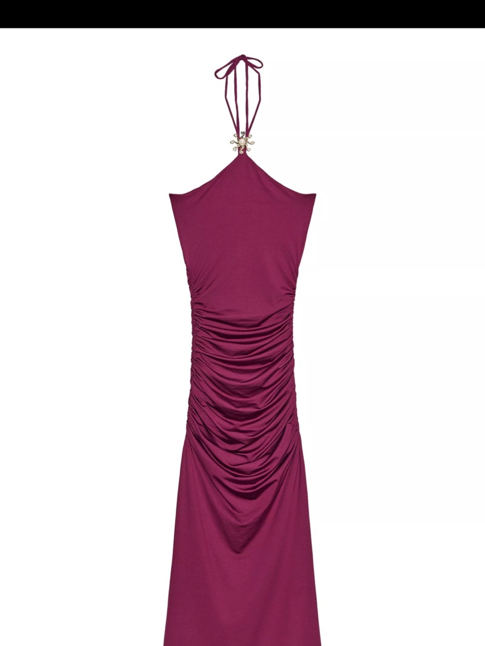 Zara Berry Halter Ruched Maxi Dress with Decorative Ring
